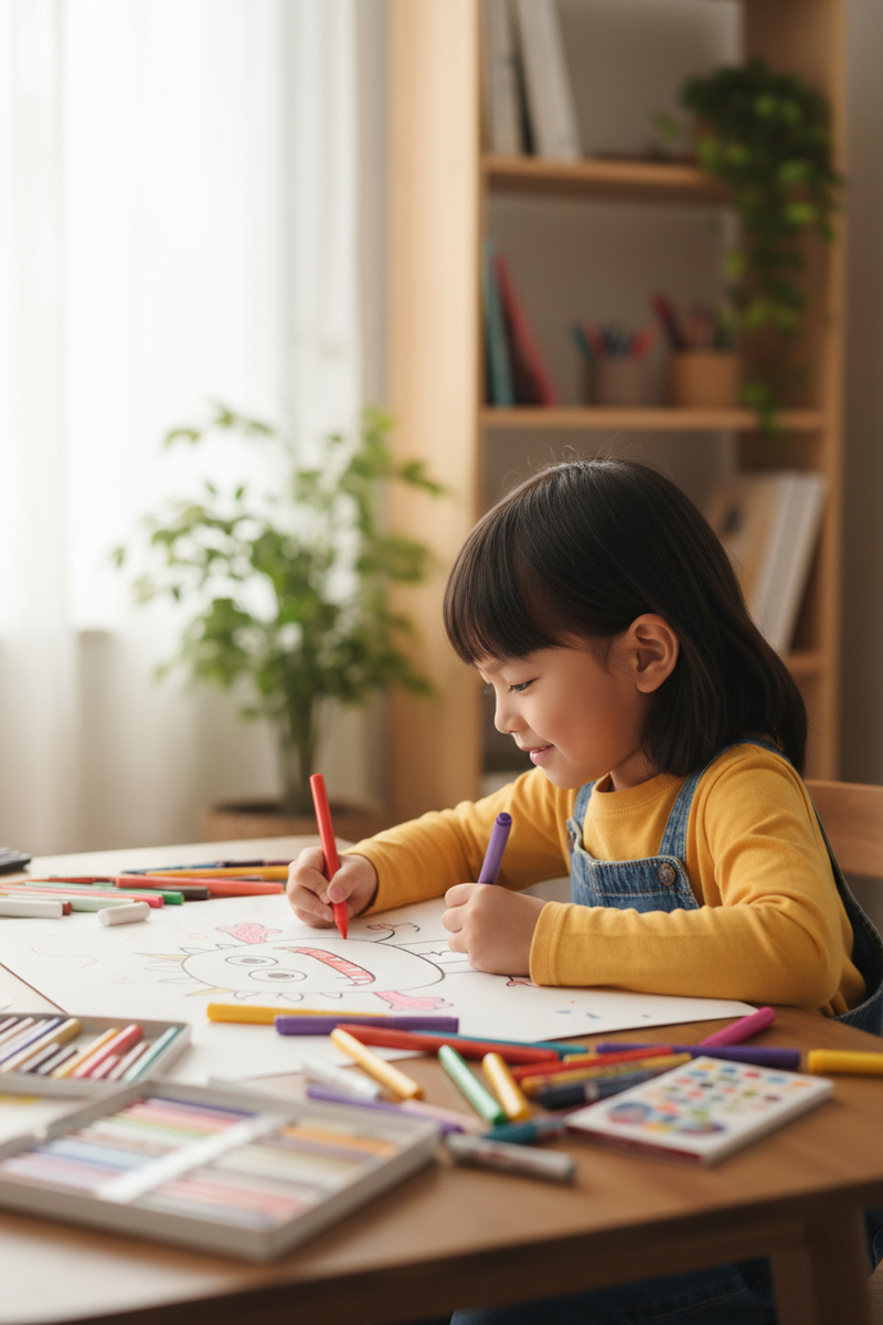 溫馨亞洲孩子畫畫